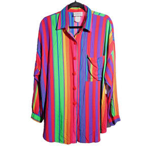 Vintage 90s Mens Rainbow Multicolored Striped Button Down Shirt 2XL Retro Bright